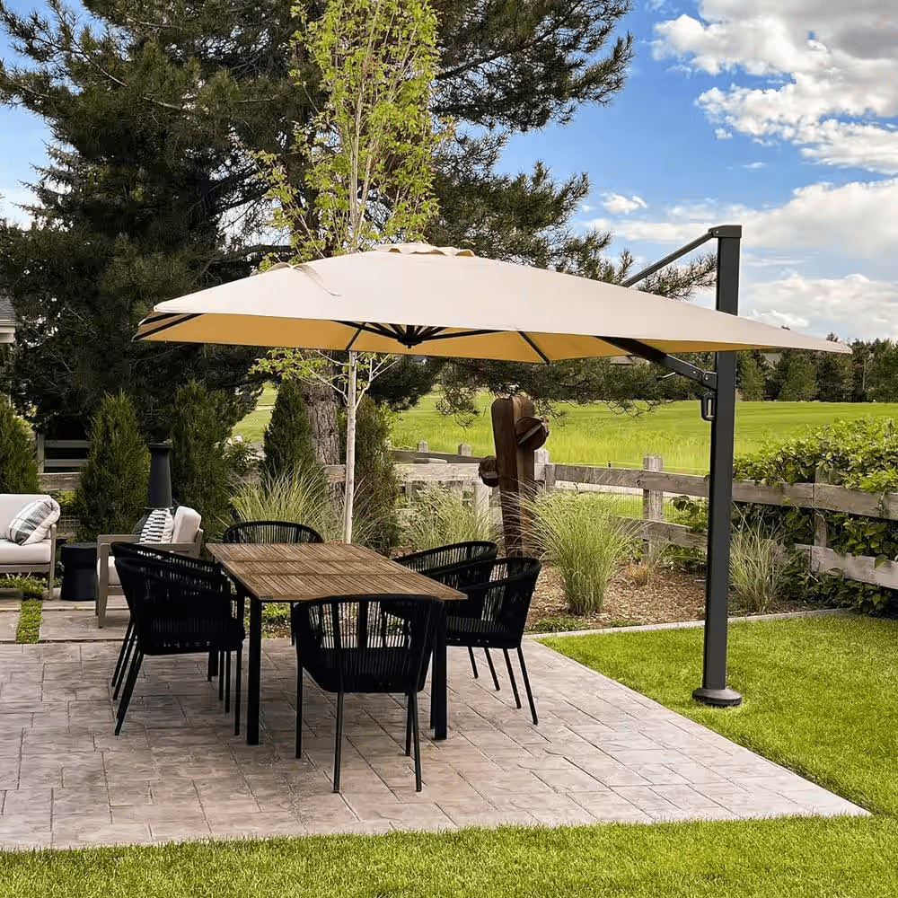 10 Ft. Square Large Outdoor Aluminum Cantilever 360-Degree Rotation Patio Umbrella with Base, Beige - Image 3