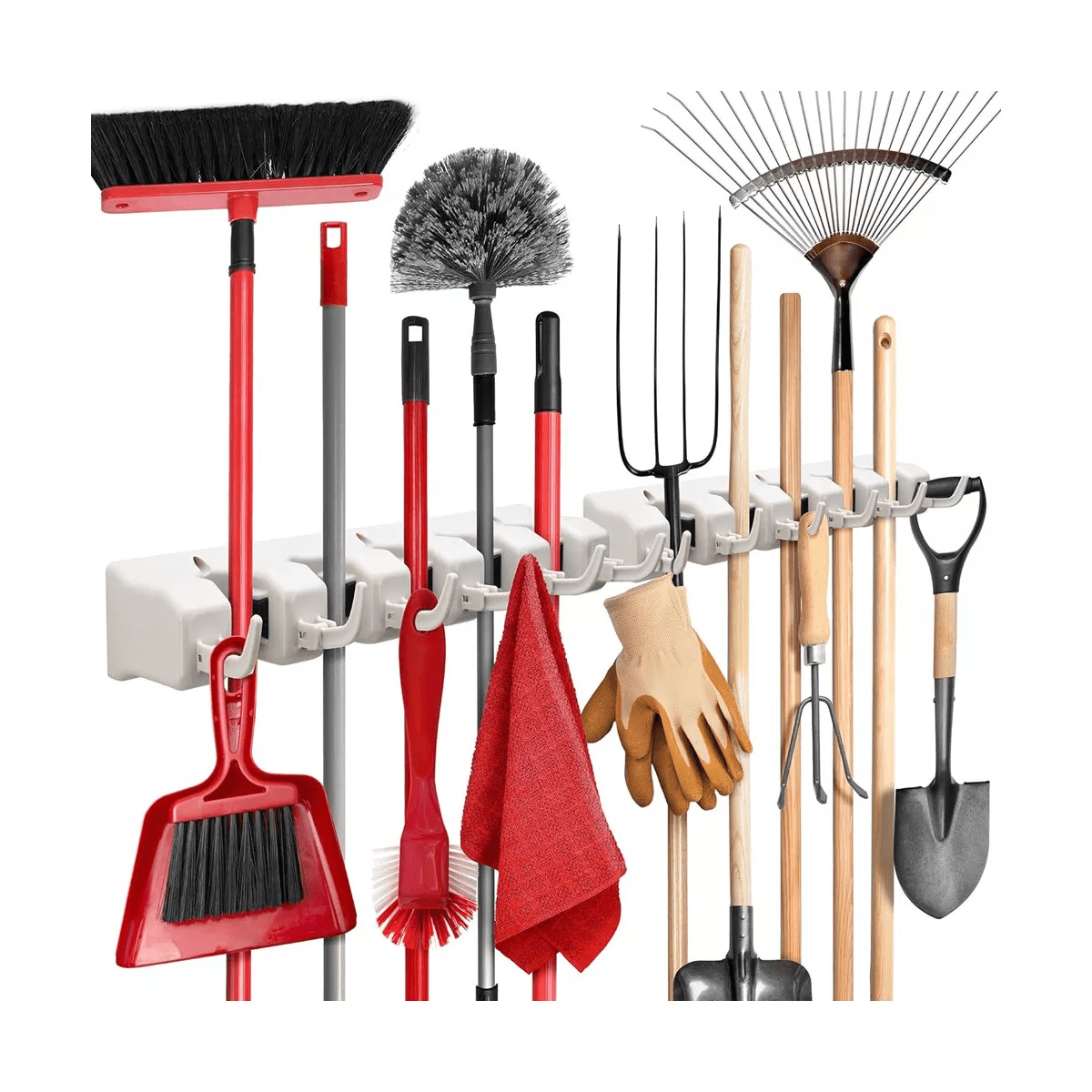 1-2 Pack Broom and Mop Holder Rack - Garage Storage System - Garden Tool Organizer with 5 Slots, 6 Hooks, 7.5Lbs Capacity per Slot off - Homeitusa - Image 10