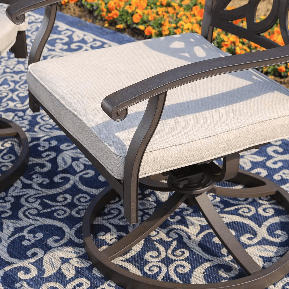 Brown 7-Piece Cast Aluminum Patio Outdoor Dining Set with Rectangle Table and Dining Chairs with Beige Cushion - Image 5