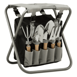 Gray Metal Garden Stool - Garden Tools Set - Folding Stool with Detachable 7-Pocket Bag and 5-Gardening Tools