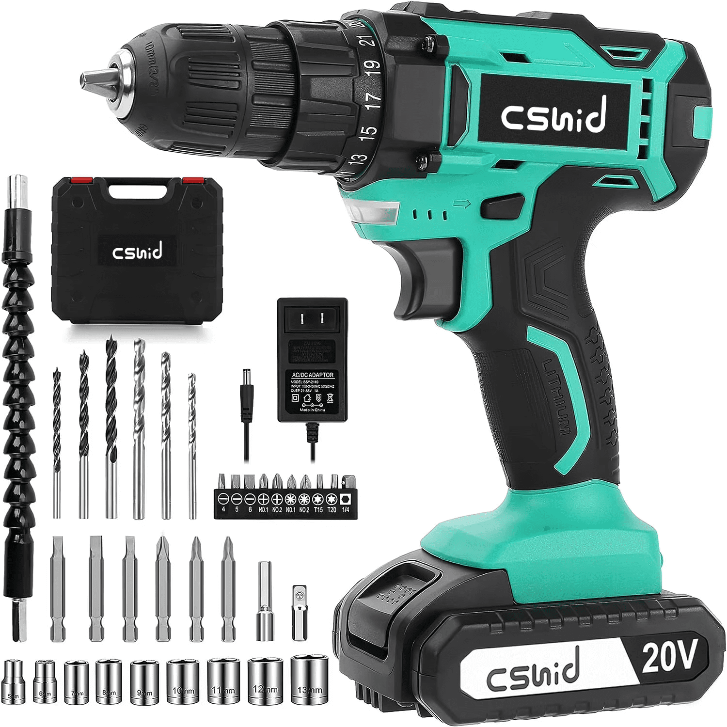 20V Cordless Drill, Electric Power Drill Set with 1 Battery & Charger, 3/8" Keyless Chuck, 2 Variable Speed & LED Light, 266 In-Lb Torque, 25+1 Position and 34Pcs Drill/Driver Bits(Green)