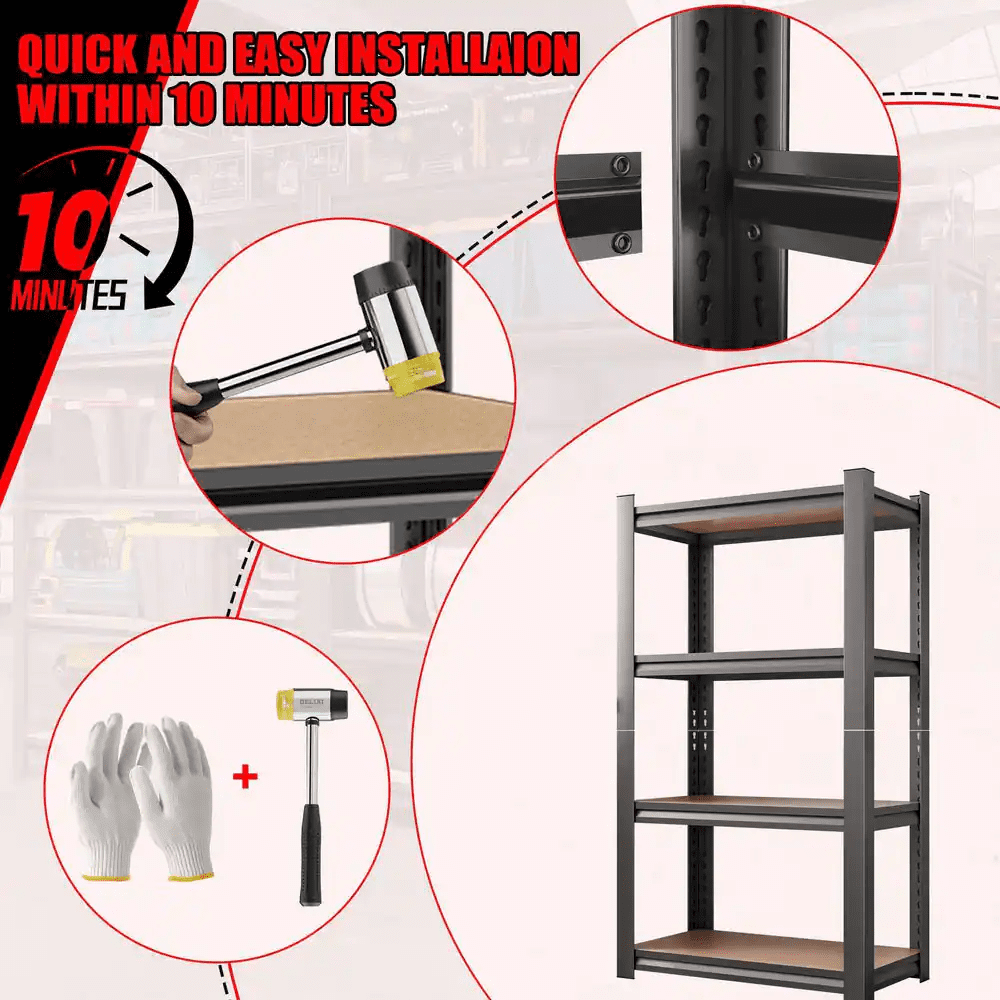 4-Shelf Metal Storage Rack, Heavy Duty Shelving Unit with Wooden Adjustable Shelf for Kitchen Garage Supermarket - Image 6