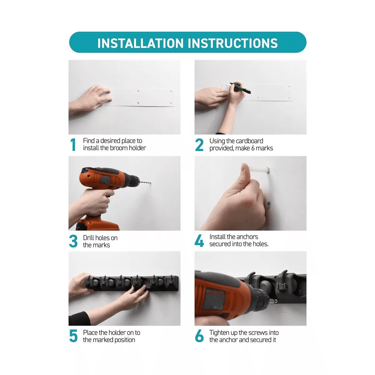 1-2 Pack Broom and Mop Holder Rack - Garage Storage System - Garden Tool Organizer with 5 Slots, 6 Hooks, 7.5Lbs Capacity per Slot off - Homeitusa - Image 5