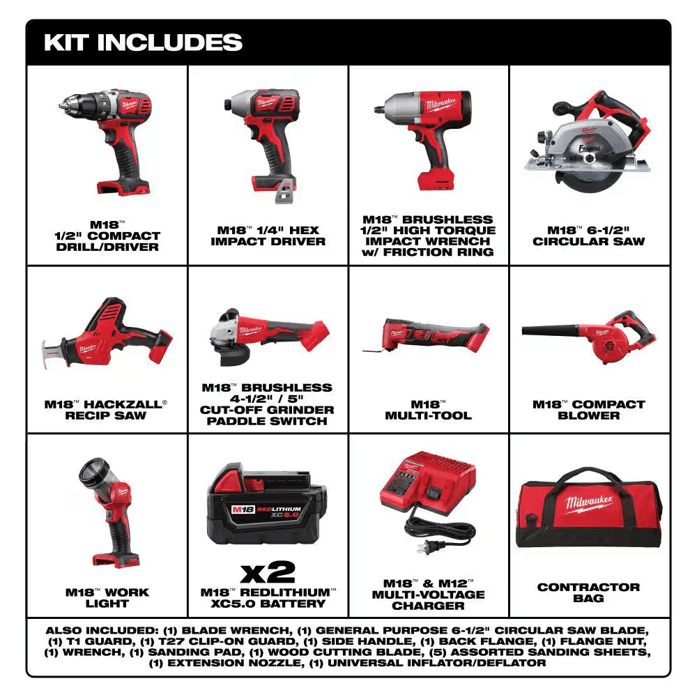 M18 18-Volt Lithium-Ion Cordless Combo Kit (9-Tool) with (2) Batteries, Charger, and Tool Bag - Image 2