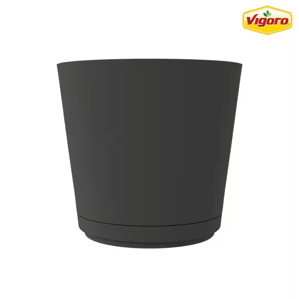 Kyra Medium Black Plastic round Planter with Attatched Saucer (12 In. L X 12 In. W X 10.98 In. H)