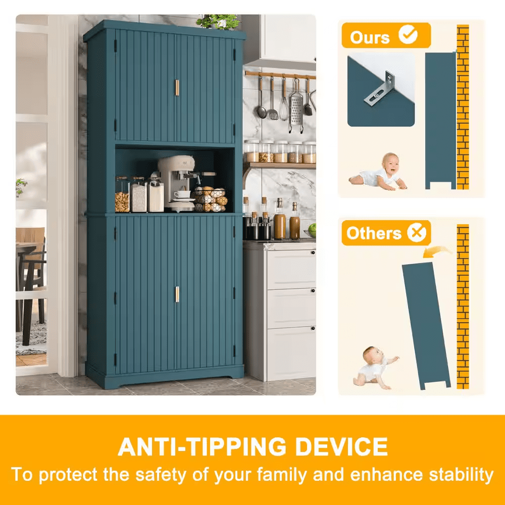 30.7 In. W Blue MDF Kitchen Buffet Pantry Storage Cabinet with Adjustable Shelf and Microwave Stand - Image 7