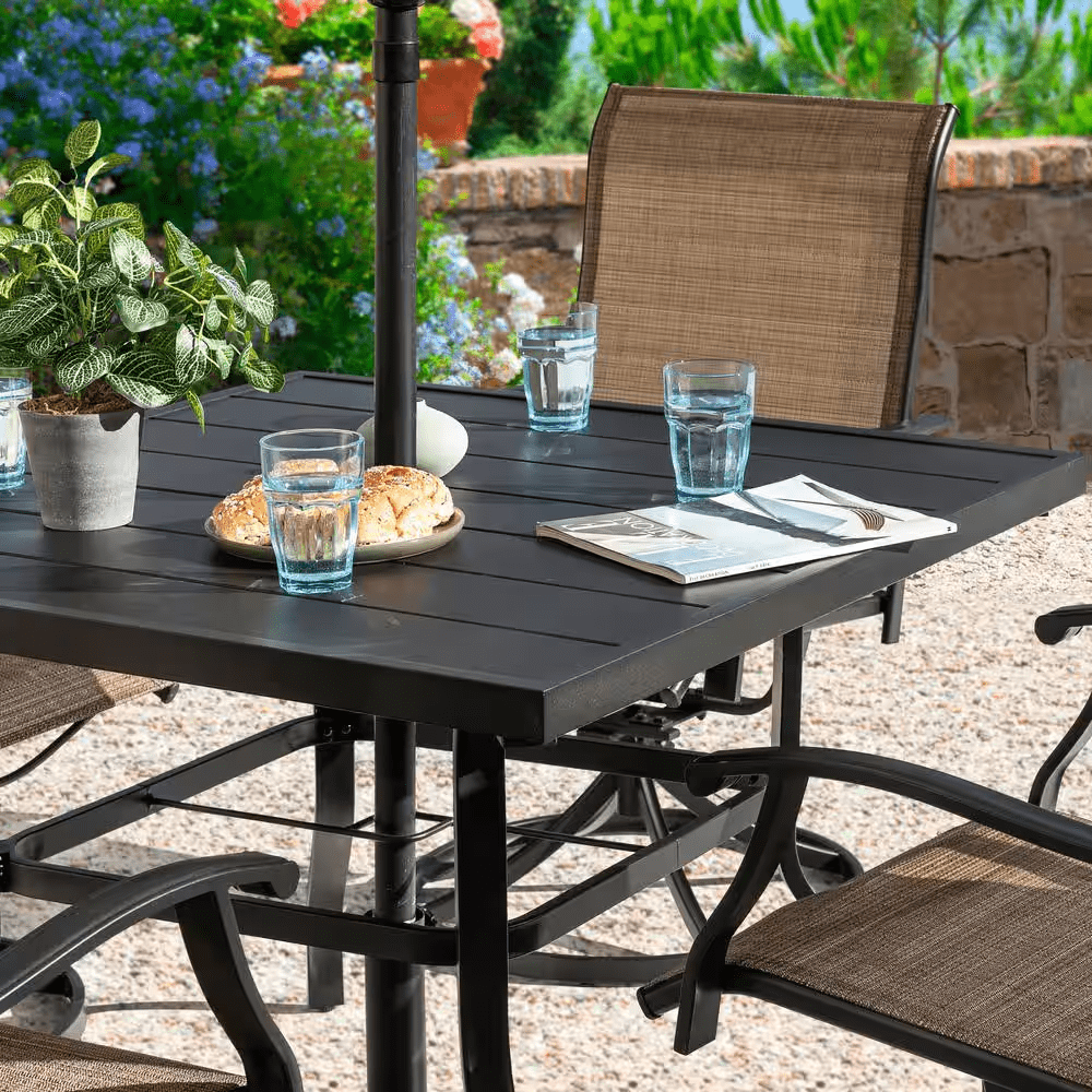 5-Piece Steel Sling Outdoor Patio Dining Set with Square Table and Swivel Dining Chairs in Brown - Image 4