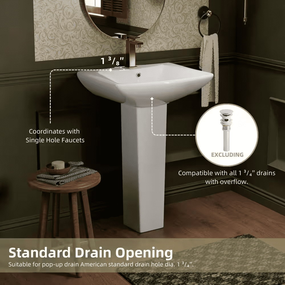 24 W X 19 D In. Pedestal Sink, White Rectangular Ceramic Freestanding Sink with Overflow and 1 Pre-Drilled Faucet Hole - Image 10
