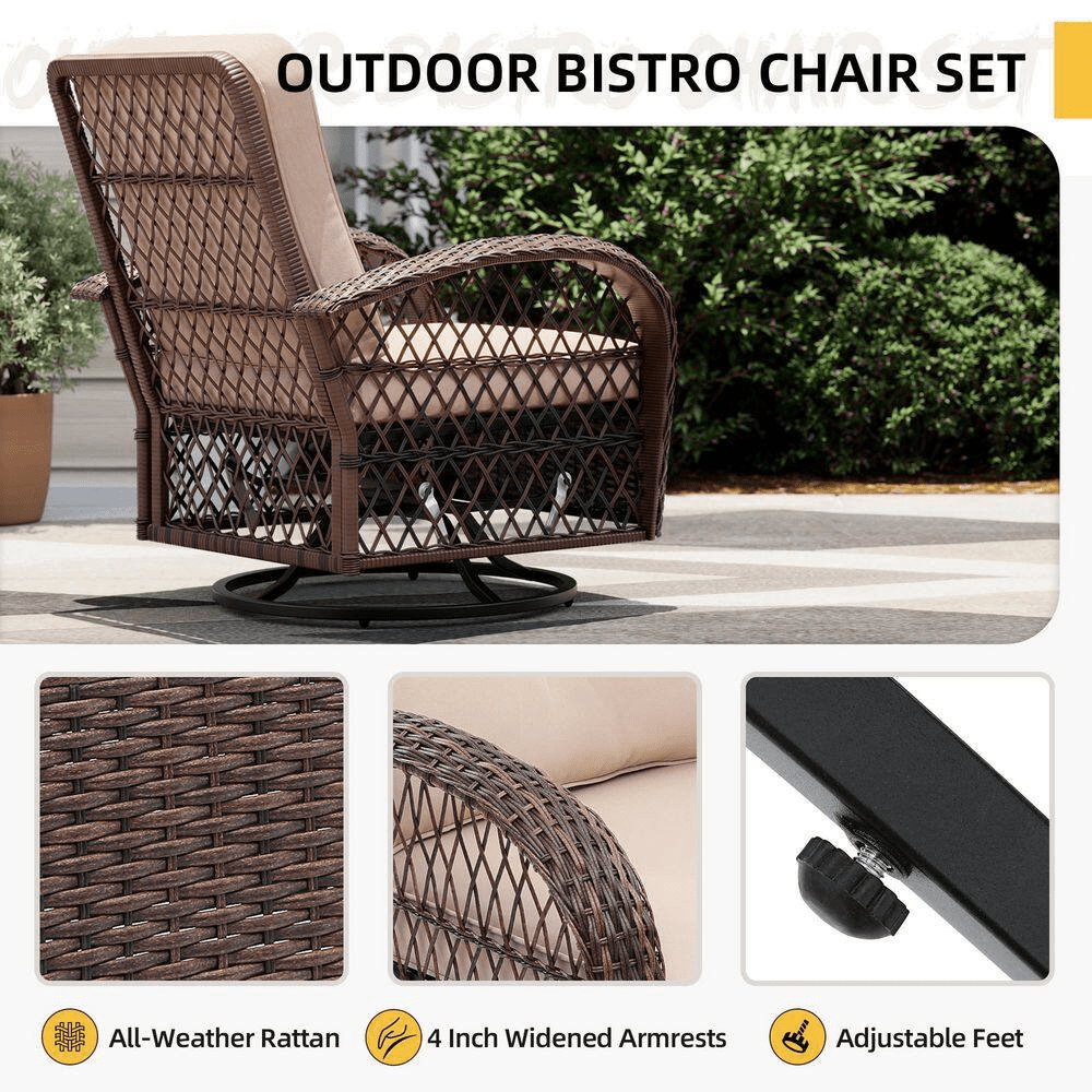 3-Piece Patio Outdoor Brown Wicker Swivel Rocking Chair Set with Side Table and Beige Cushions - Image 3