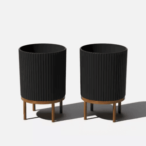 Demi Medium Black Plastic round Planter with Brown Stand and Drainage Holes (15 In. L X 15 In. W X 22 In. H) (2-Pack)