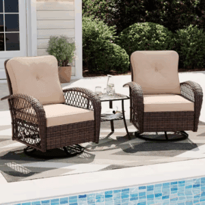 3-Piece Patio Outdoor Brown Wicker Swivel Rocking Chair Set with Side Table and Beige Cushions