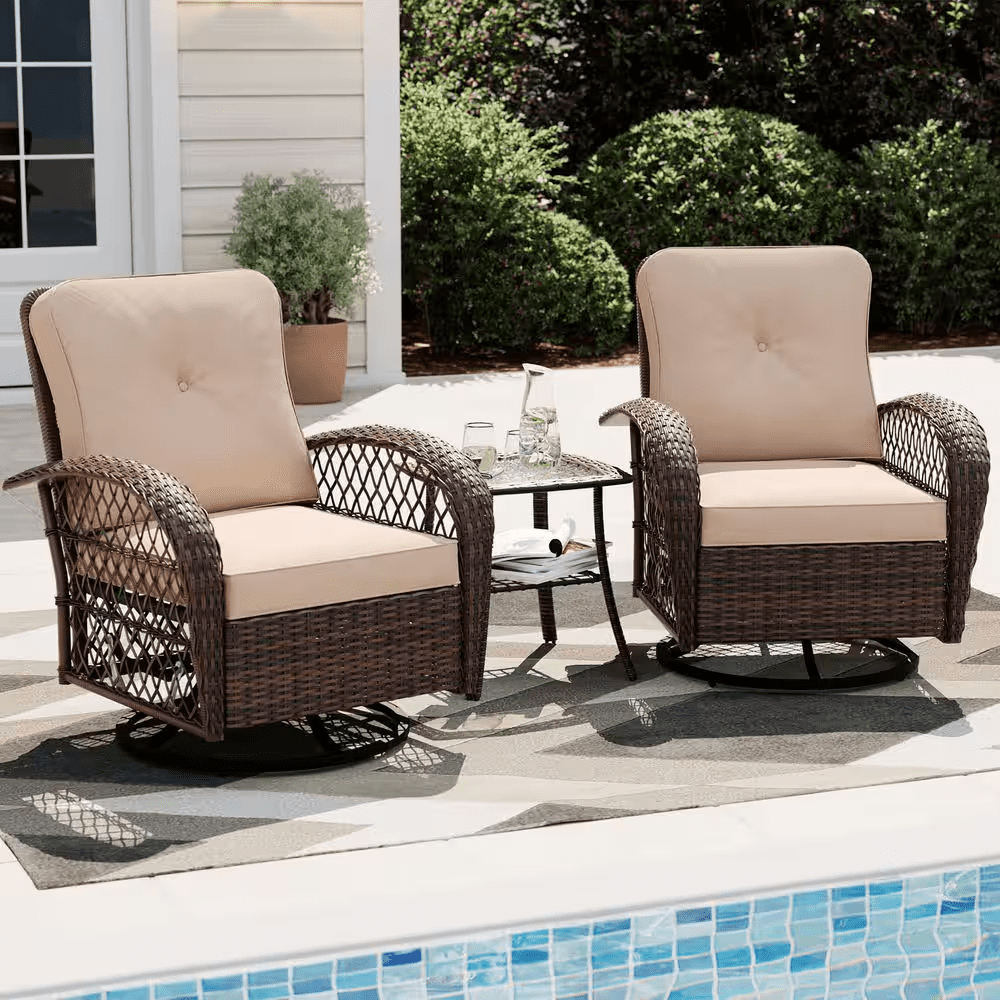3-Piece Patio Outdoor Brown Wicker Swivel Rocking Chair Set with Side Table and Beige Cushions
