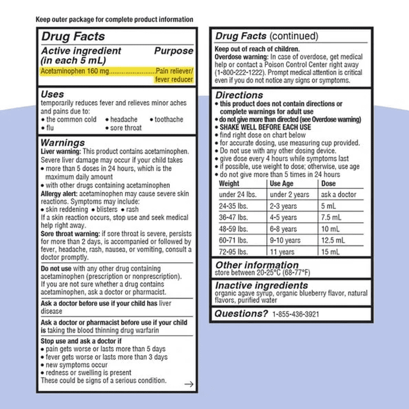 Kids’ Clean Pain & Fever Acetaminophen, Dye Free, Organic Blueberry, 4 Fl Oz - Image 9