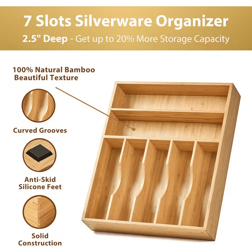 Bamboo Kitchen Drawer Organizer Extra Deep 7 Slots Silverware Utensil Tray Holder for Flatware Cutlery - Image 5