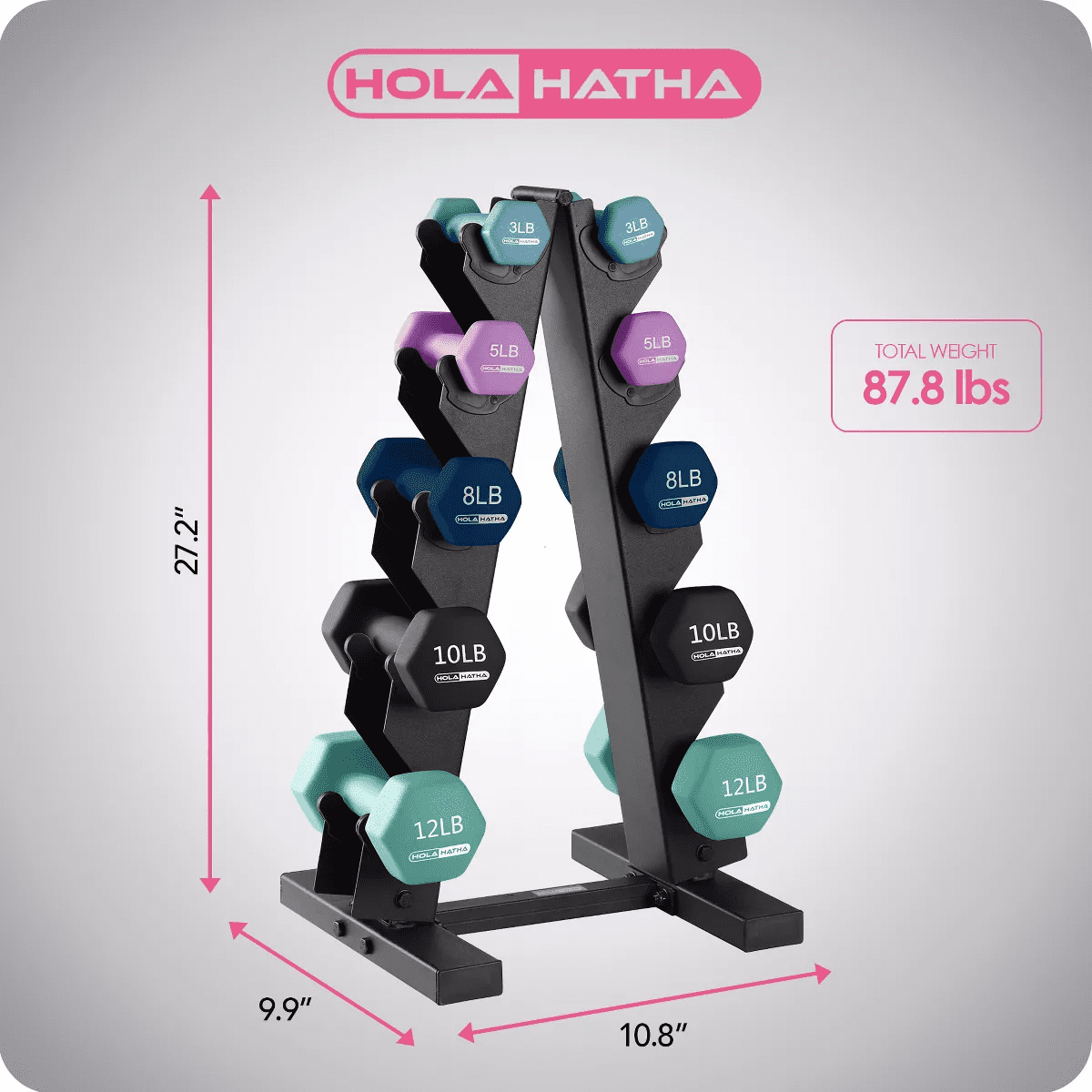 Holahatha 3, 5, 8, 10 & 12 Pound Neoprene Dumbbell Weight Set with Storage Rack - Image 3