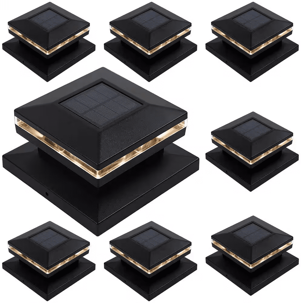 Outdoor Decorative Solar Post Lights, Warm White SMD LED Lighting for Patio 4X4,5X5 or 6X6 Wooden Post, Black (8-Pack)
