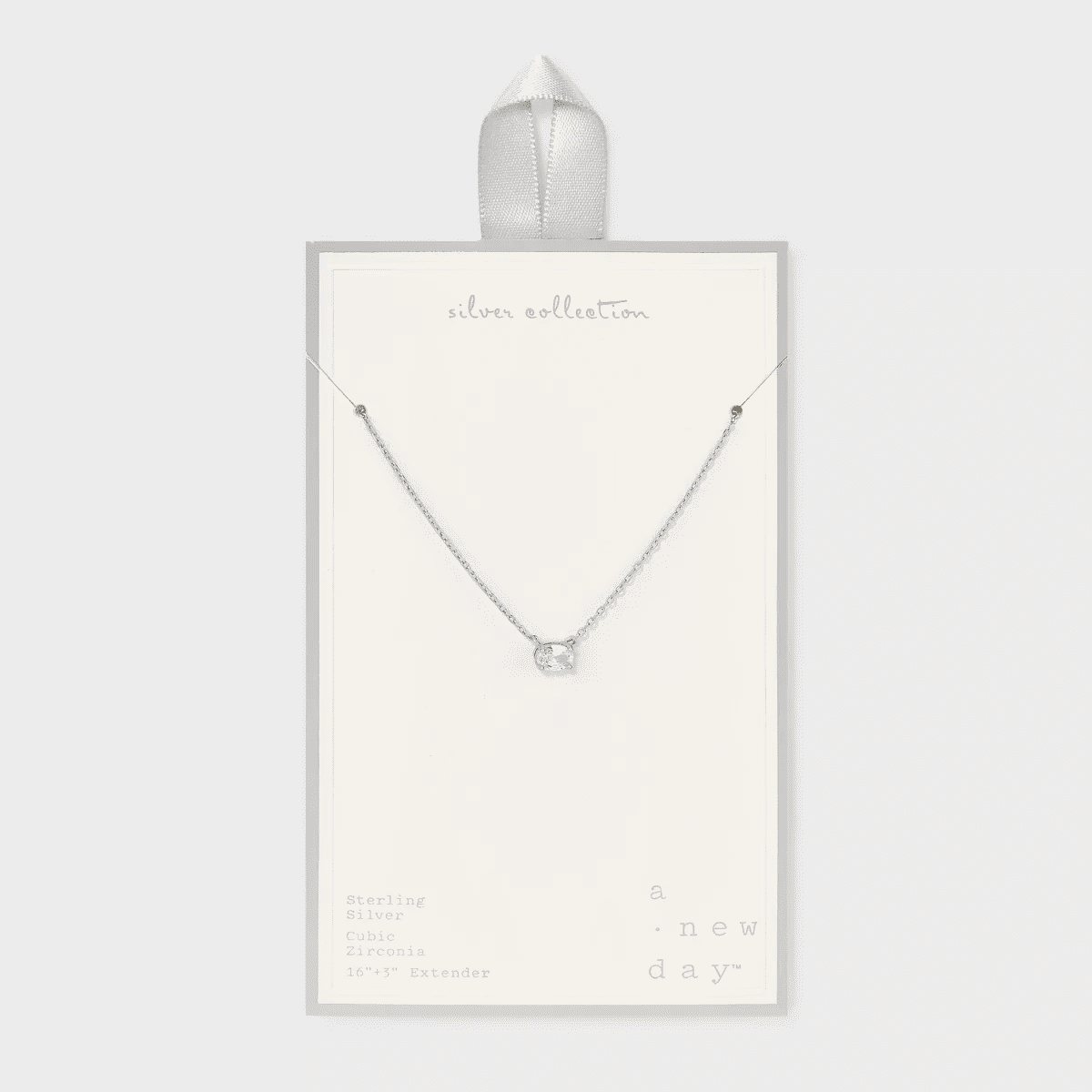 Sterling Silver Prong Set Oval Cubic Zirconia Necklace - a New Day™ Silver: Polished Cable Chain, Spring Ring Clasp