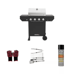 4-Burner Black Propane Grill with Cover, Heat Resistant Gloves, 8-Piece Tool Set and 20 Oz. Degreaser