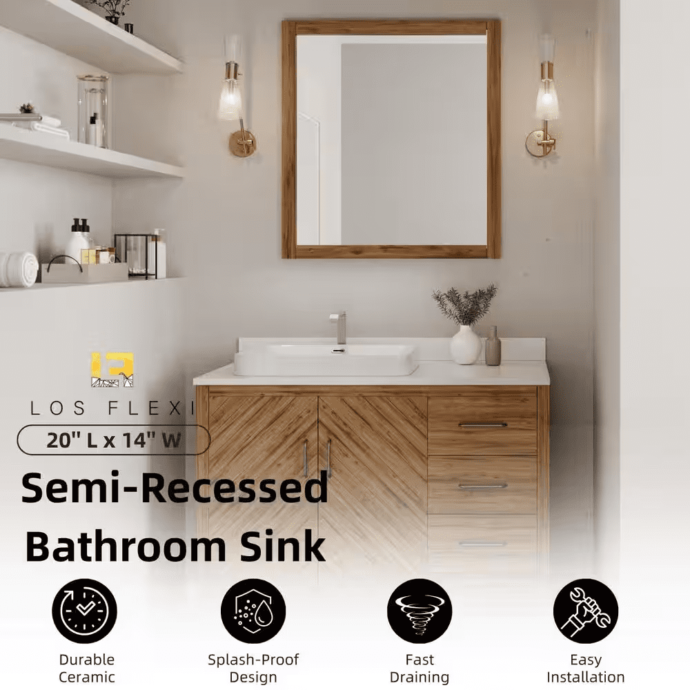 Rectangular Semi Recessed Bathroom Sink 20 In. X 14 In. White Ceramic Vessel Sink with Rear Overflow and Rounded Corners - Image 7