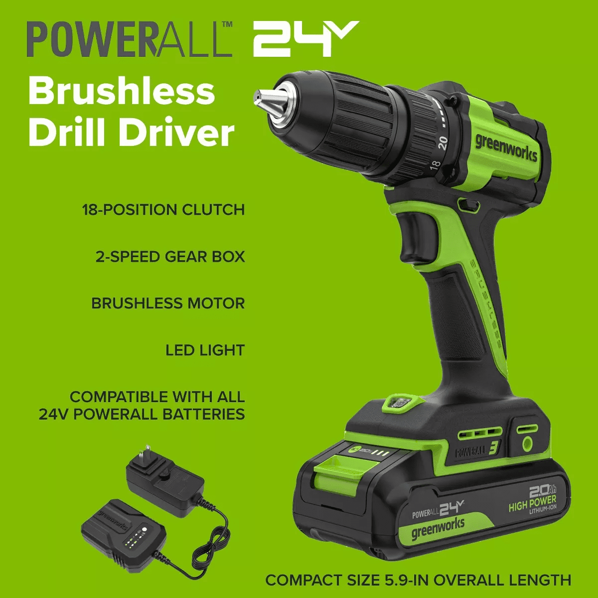 Greenworks POWERALL 24V Cordless Brushless Drill/Driver with 2Ah Battery and Charger - Image 5
