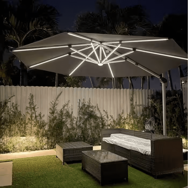 12 Ft. Octagon Aluminum Solar Powered LED Patio Cantilever Offset Umbrella with Base, Gray - Image 2