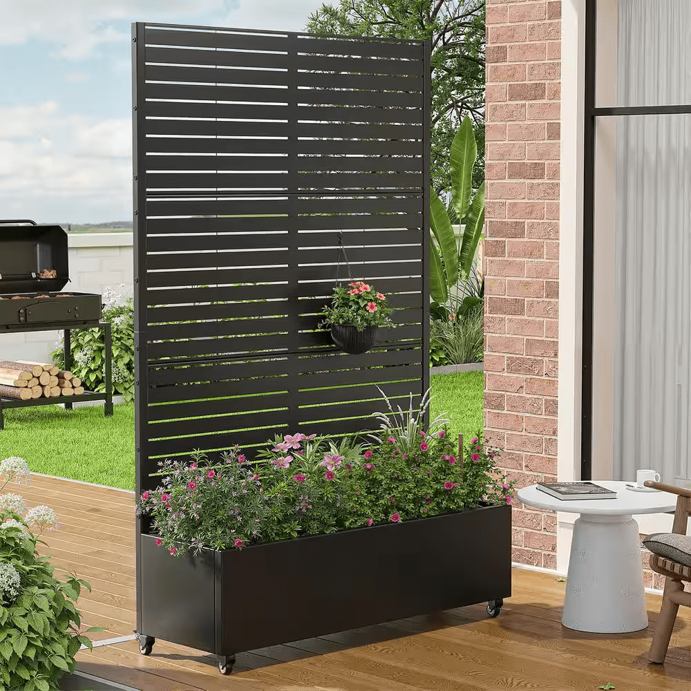 72 In. H X 47 In. W Rectanglar Black Outdoor Metal Privacy Screen Planter Box Wall Decor in Louvered Pattern - Image 2