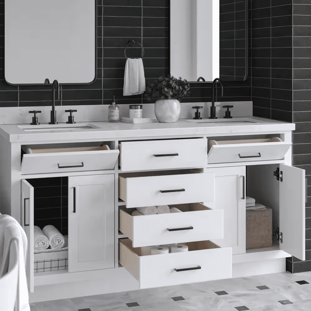 Hepburn 66 In. Double Sink Freestanding Bathroom Vanity in White with Carrara White Quartz Top - Image 3