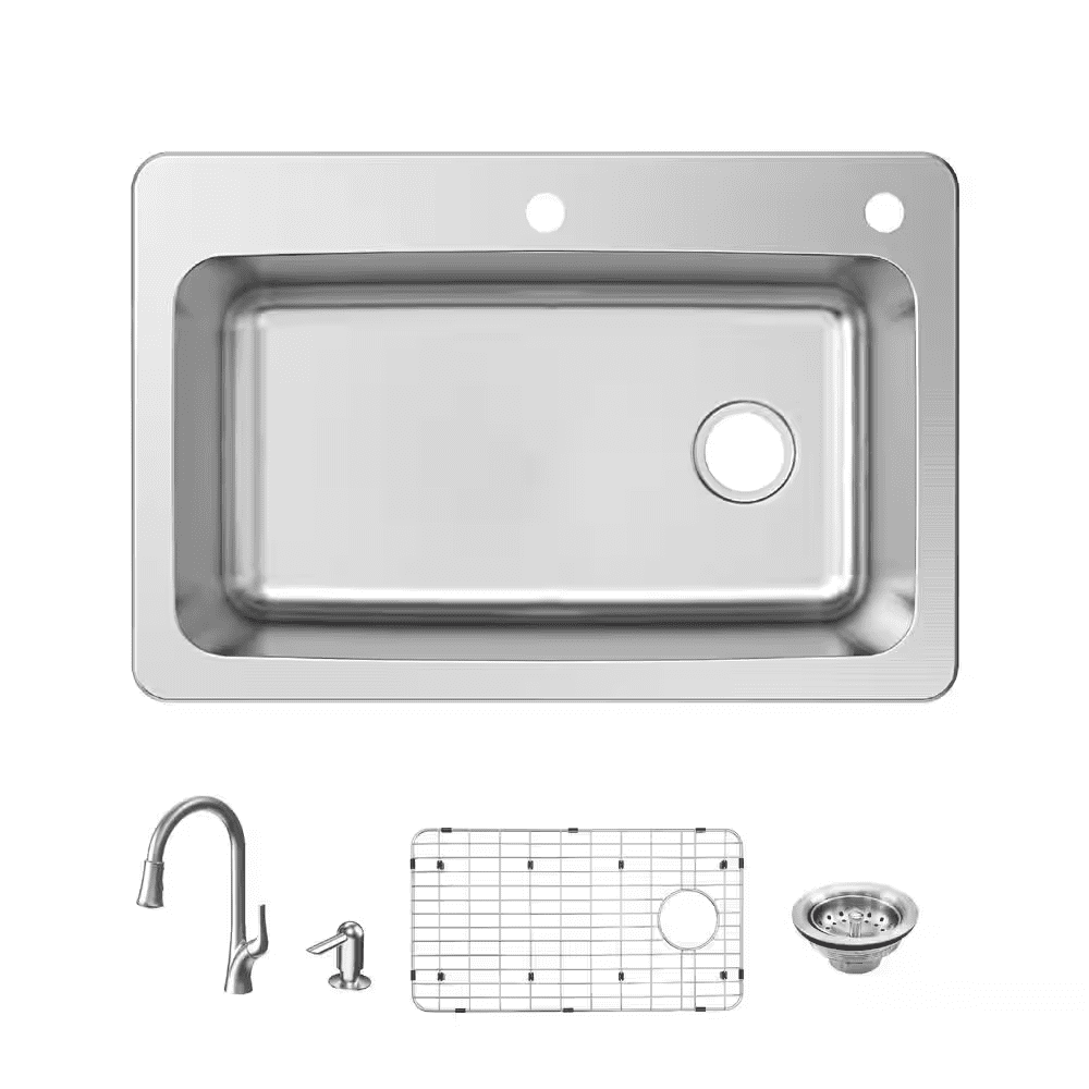 33 In. Drop-In Single Bowl 18 Gauge Stainless Steel Kitchen Sink with Pull-Down Faucet