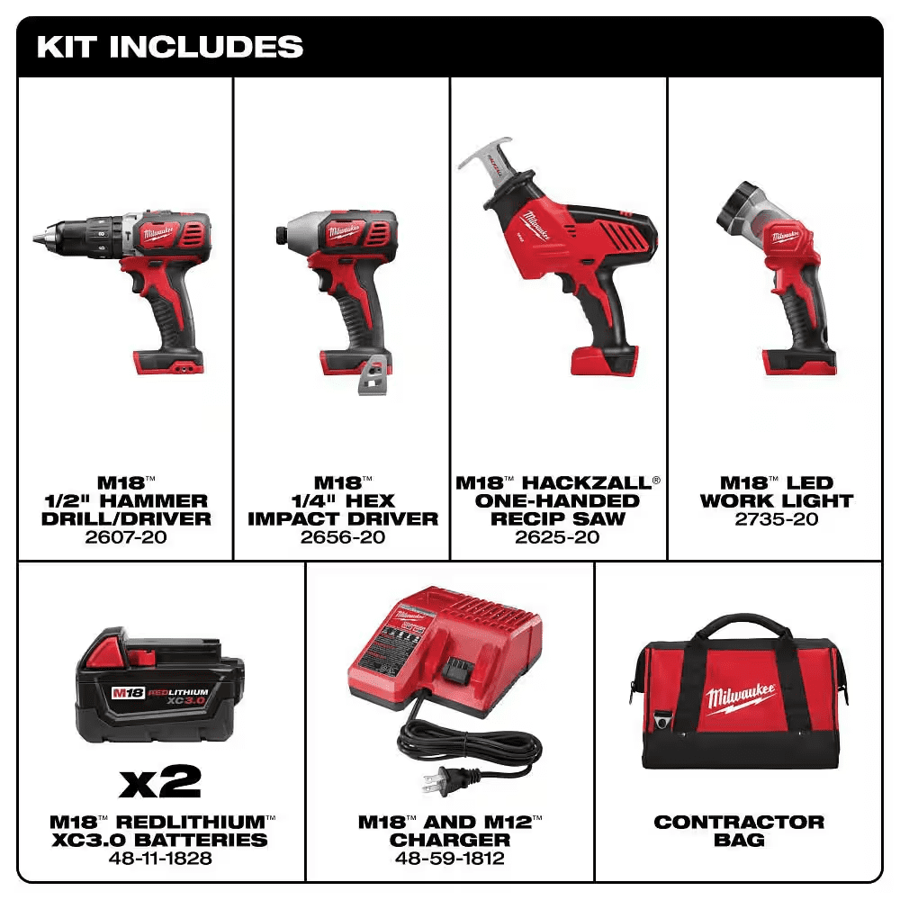 M18 18V Lithium-Ion Cordless Combo Tool Kit (4-Tool) W/(2) 3.0Ah Batteries, (1) Charger, (1) Tool Bag - Image 2