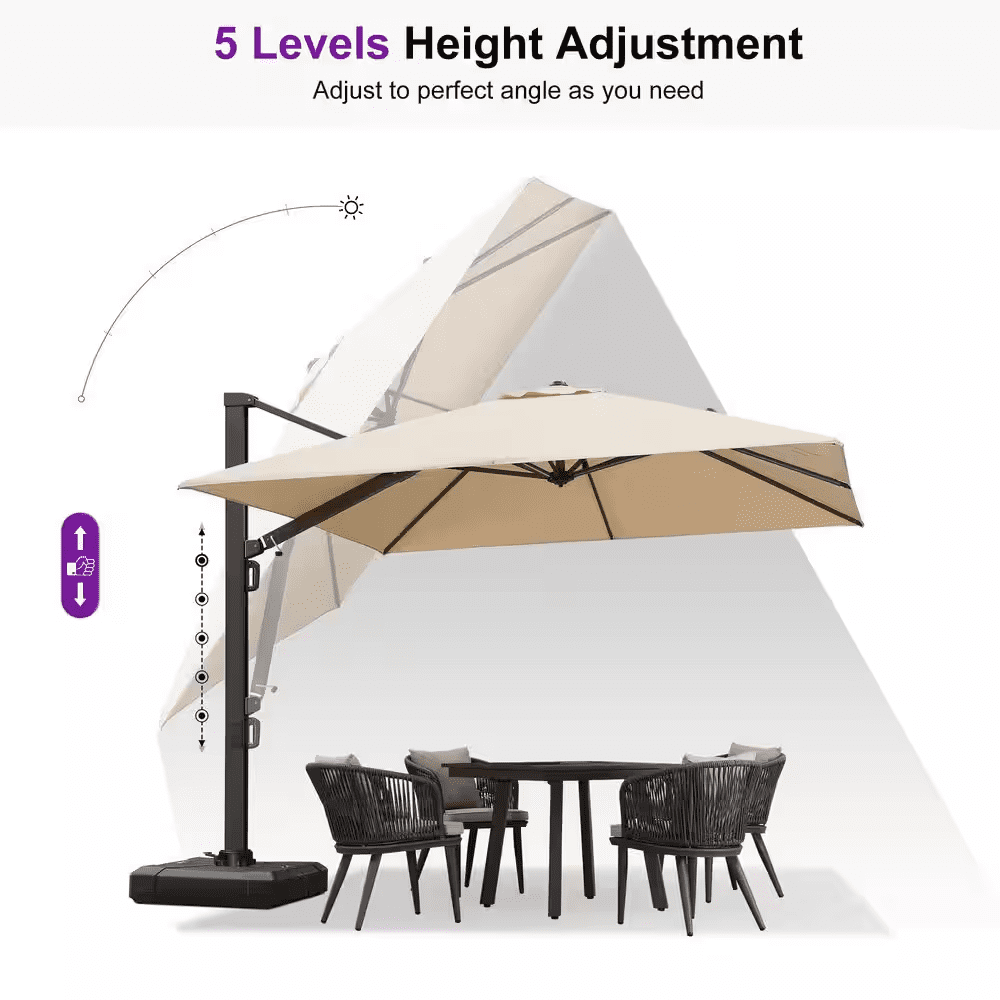 10 Ft. Square Large Outdoor Aluminum Cantilever 360-Degree Rotation Patio Umbrella with Base, Beige - Image 7