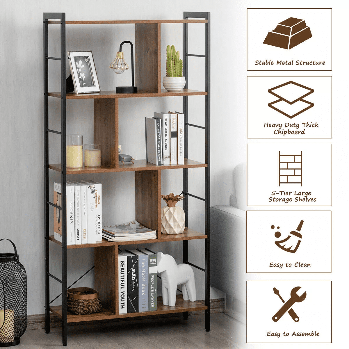 Costway 4-Tier Bookcase Industrial Bookshelf Floor Standing Storage Rack - Image 4