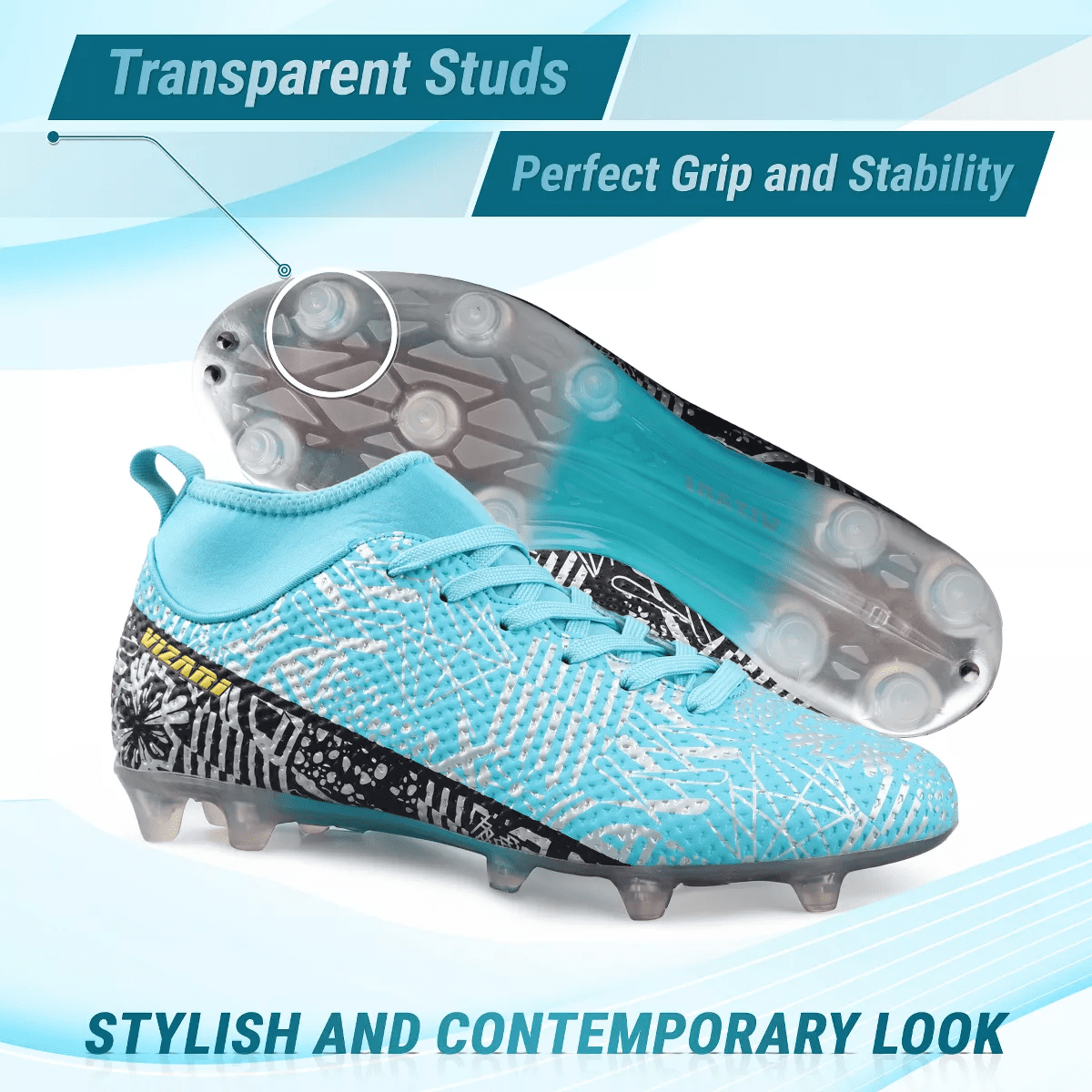 Vizari Saco MC Adult Soccer Cleats for Outdoor Play | Mid-Cut High Ankle Football Shoes with Sock | Professional Spikes High Top Football Cleats | Transparent Studs Soccer Cleats - Image 4