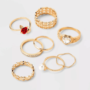 Pearl Heart and Rose Multi Ring Set 8Pc - Wild Fable™ Gold: Zinc Band, Stacking, Statement