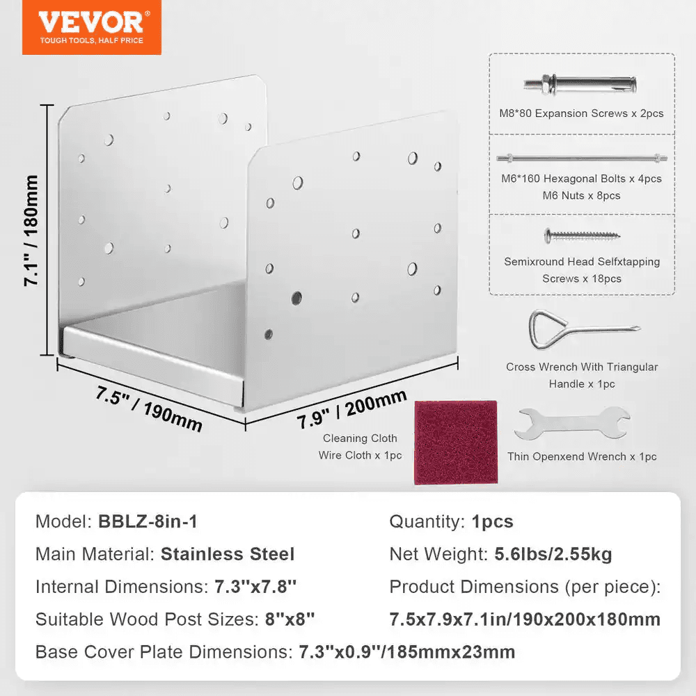 8 In. X 8 In. Post Base 1-Piece Stainless Steel Adjustable Post Anchor Bracket Internal 7.8 In.X 7.3 In. Adjustable Base - Image 7
