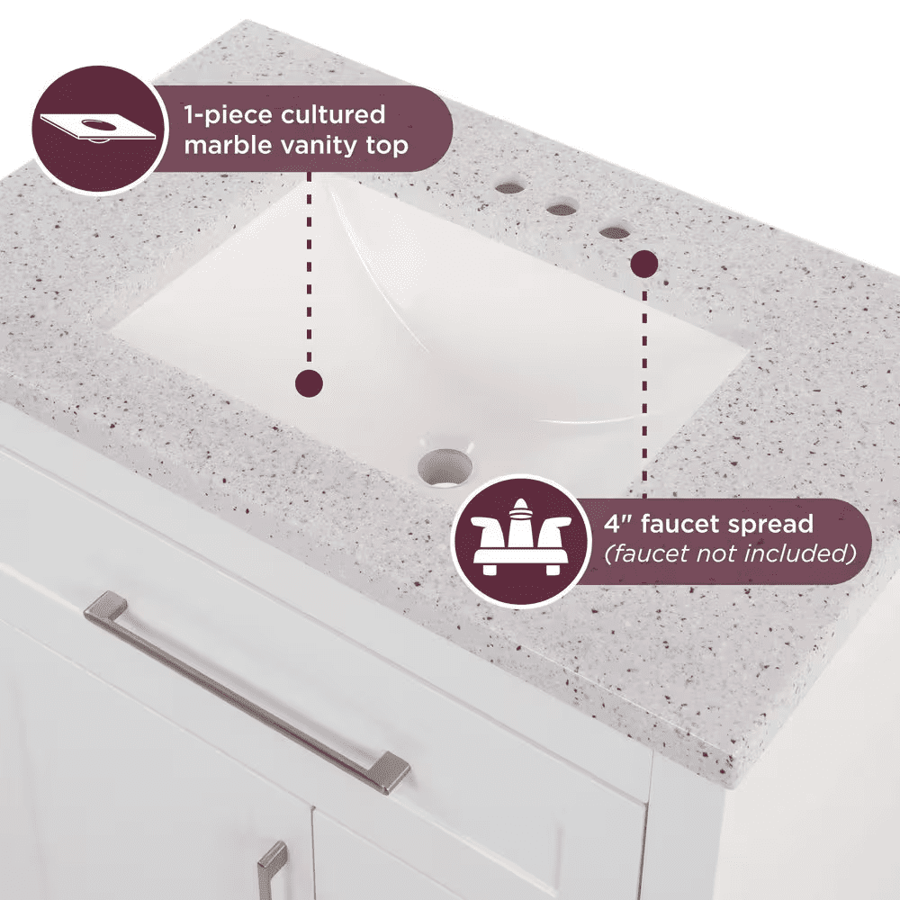 Clady 31 In. Single Sink White Bath Vanity with Silver Ash Cultured Marble Top (Assembled) - Image 4