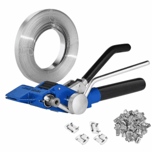 Banding Strapping Kit with Strapping Tensioner Tool, 100 Ft. Steel Strapping Belt, 100 Metal Seals for Packing