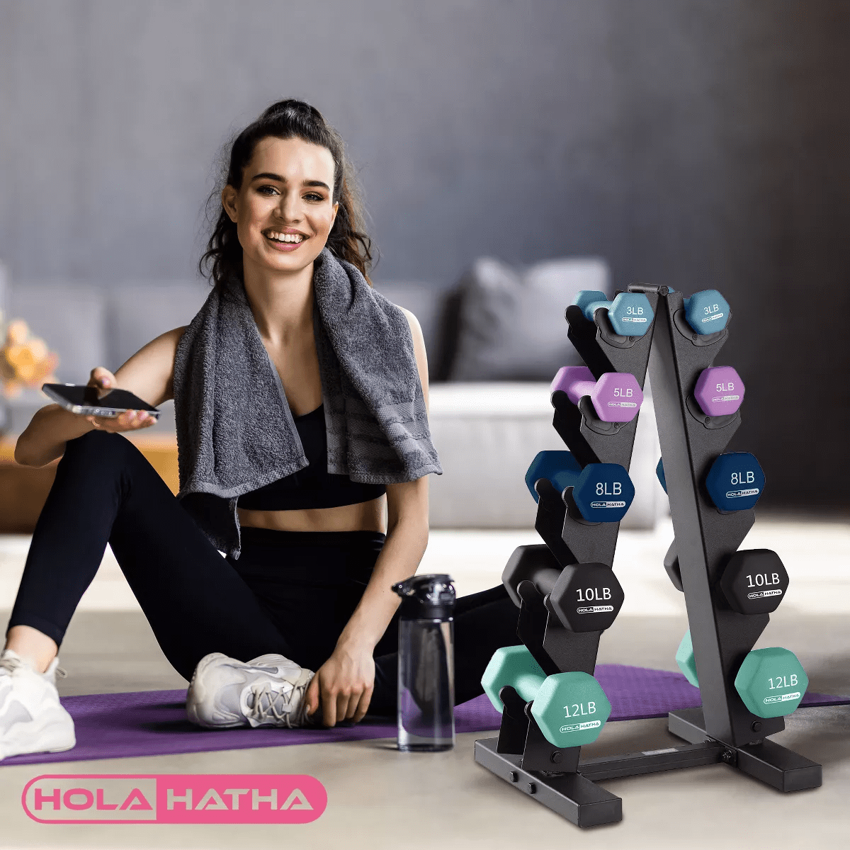 Holahatha 3, 5, 8, 10 & 12 Pound Neoprene Dumbbell Weight Set with Storage Rack - Image 6