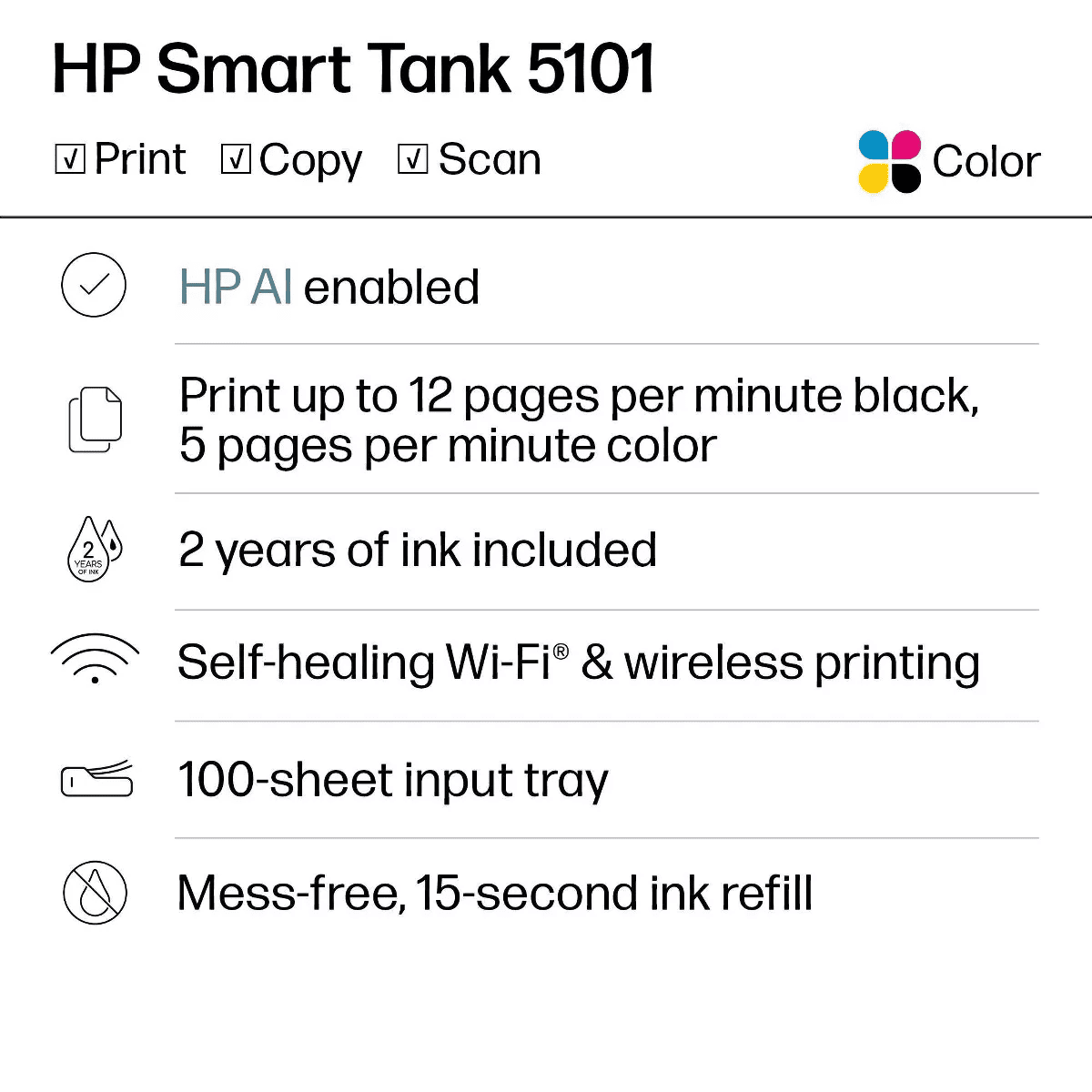 HP Smart Tank 5101 Wireless All-In-One Color Refillable Supertank Printer, Scanner, Copier (1F3Y0A) - Image 2
