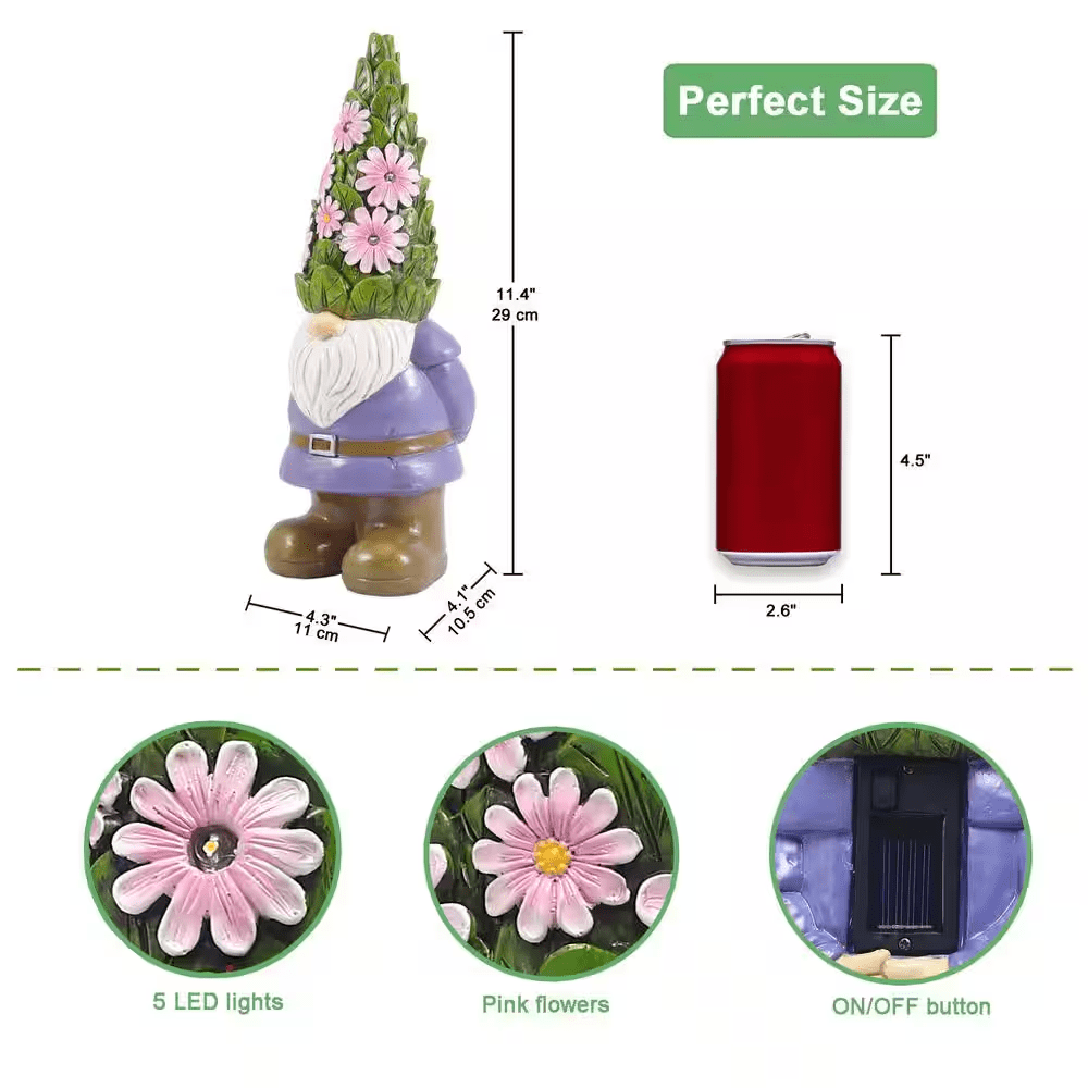 Solar Garden Gnome Statue- Standing Gnome with Glowing Flowers and 5 LED Lights, Summer Dwarf Garden Decorations - Image 2