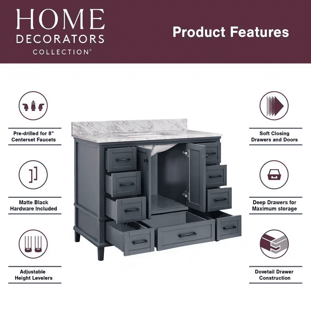 Merryfield 43 In. Single Sink Dark Blue-Grey Bath Vanity with White Carrara Marble Top (Assembled) - Image 3