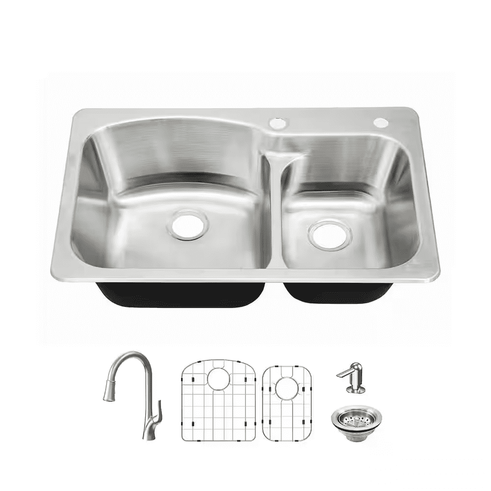 33 In. Drop-In 60/40 Double Bowl 18 Gauge Stainless Steel Kitchen Sink with Pull-Down Faucet - Image 10