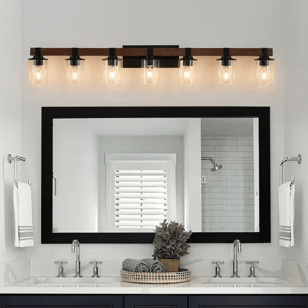 50 In. 7-Light Black and Walnut Industrial Bathroom Vanity Light with Clear Glass Shade - Image 10