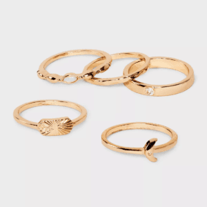 Cubic Zirconia Semi-Precious Opal and Moon Ring Set 5Pc - Universal Thread™ Gold: Stacking , Size 7-9