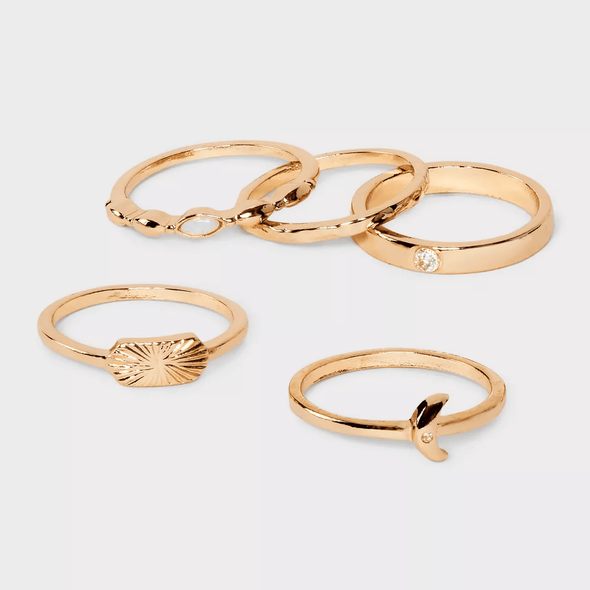 Cubic Zirconia Semi-Precious Opal and Moon Ring Set 5Pc - Universal Thread™ Gold: Stacking , Size 7-9