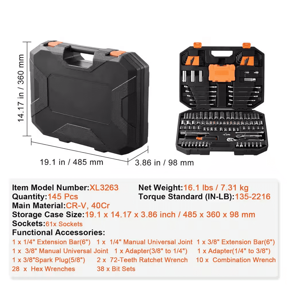 145 Pcs Mechanics Tool Set, 1/4 In. & 3/8 In. Drive Deep/Standard Sockets, SAE & Metric, Wrenches, Bits, Case - Image 7