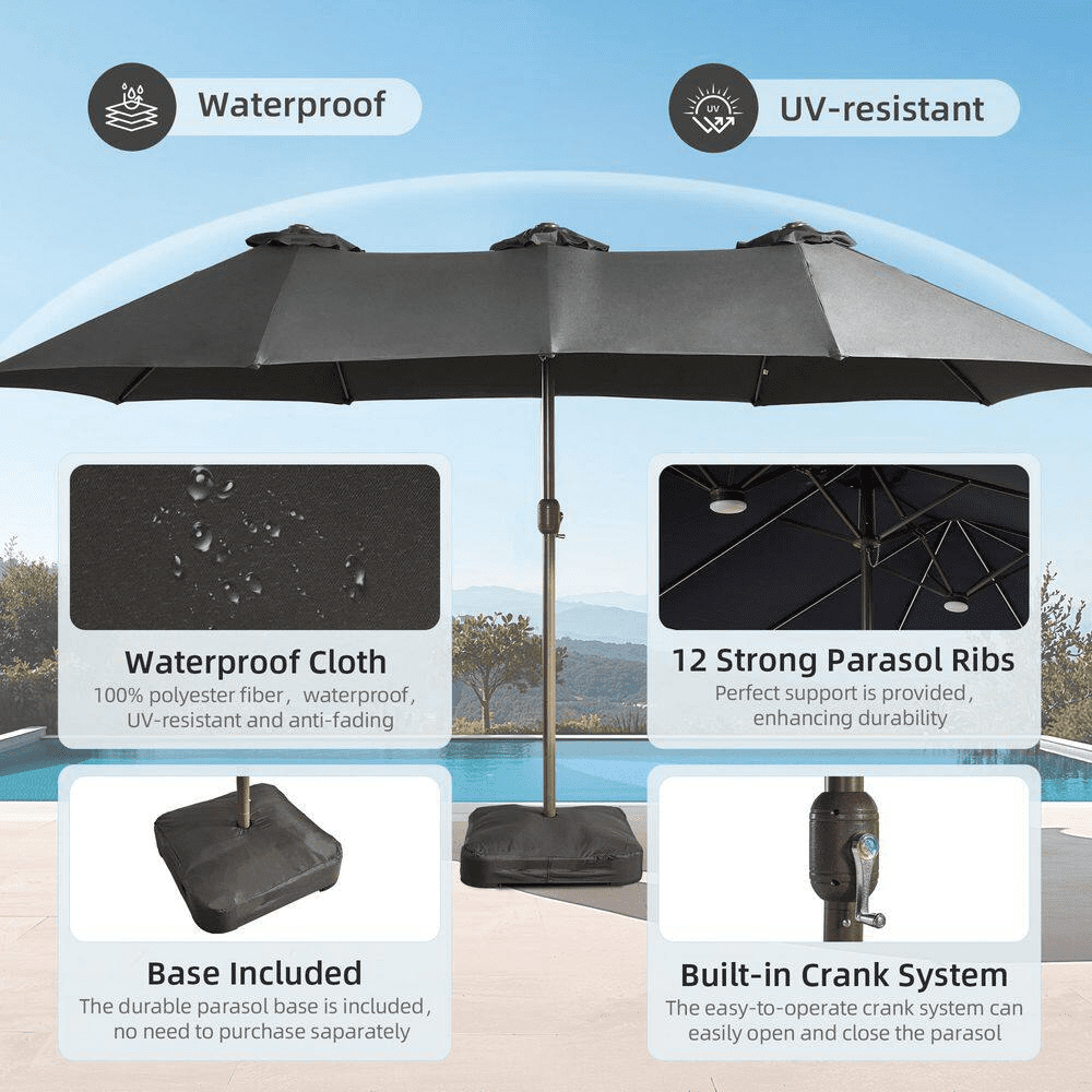 Extra-Large 8.5 X 14.5 Ft. Rectangular Patio Umbrella with Solar Light, Steel Frame, Stand and Sand Bags in Dark Grey - Image 5