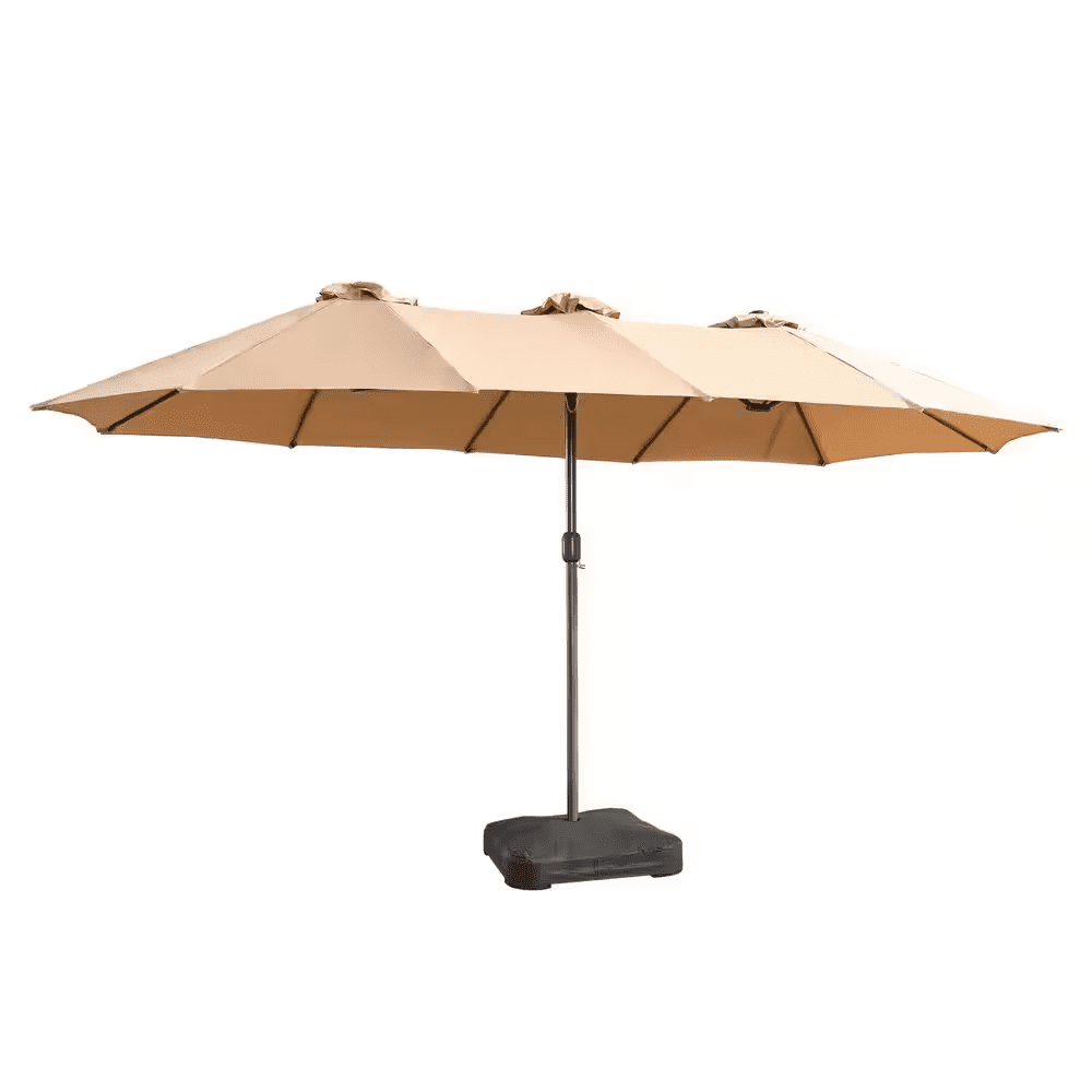 Extra-Large 8.5 X 14.5 Ft. Rectangular Patio Umbrella with Solar Light, Steel Frame, Stand and Sand Bags in Beige