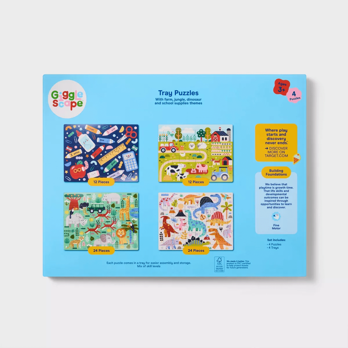 4Pk Tray Puzzles - Gigglescape™: Kids Animal Puzzle Sets, Ages 3+, 12 & 24 Pieces - Image 5
