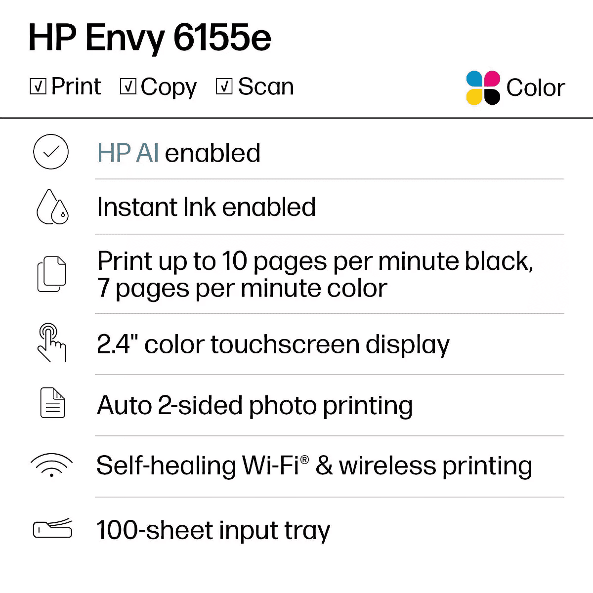 HP Envy 6155E Wireless All-In-One Color Printer Scanner Copier with 3 Months Free Instant Ink (714L5A): USB, Wi-Fi, 1200X1200 DPI - Image 2