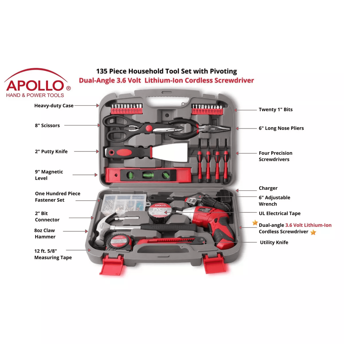 Apollo Tools 135Pc Household Tool Kit DT0773 Red: Chromed Steel Hand Tool Set with Carrying Case & Lifetime Warranty - Image 5